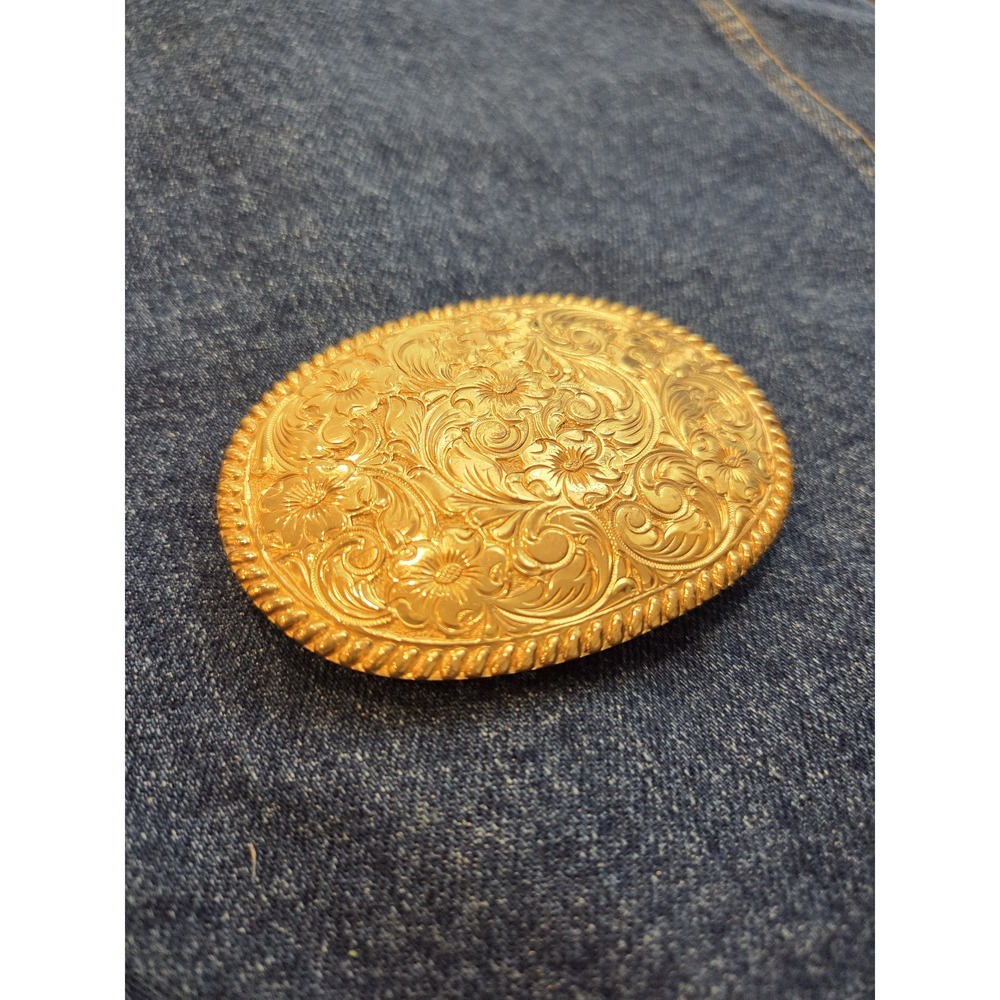 Vintage Crumrine Brass Floral Engraved Oval Belt Buckle - Pristine